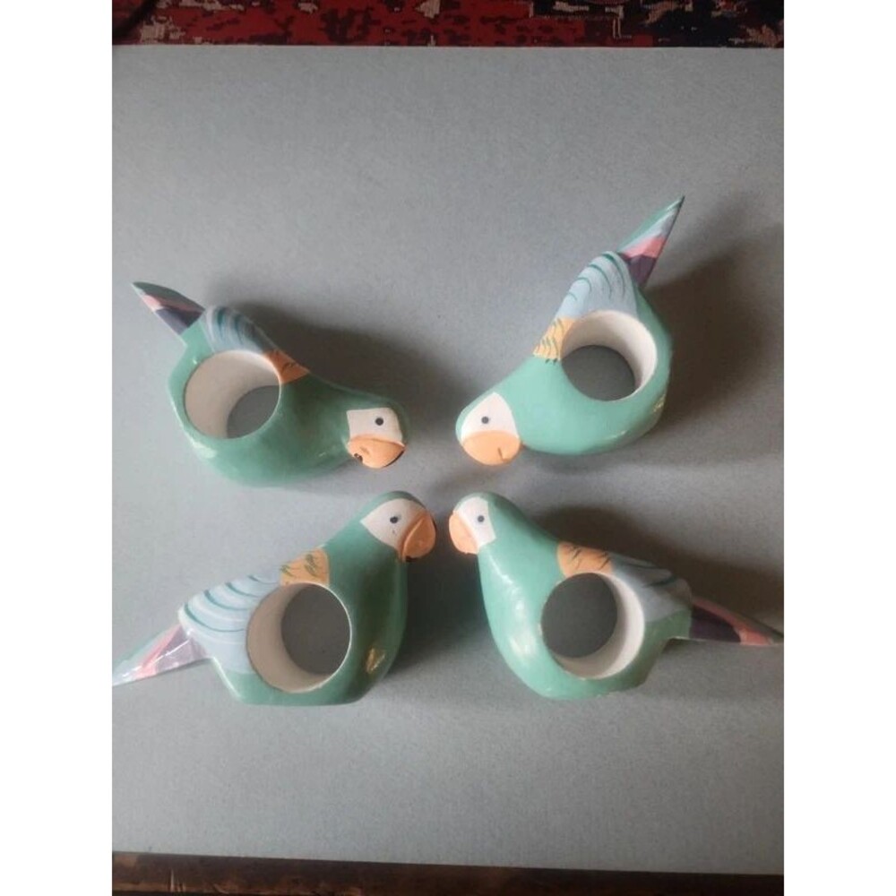 vintage hand-carved and hand-painted wooden parrot napkin rings,